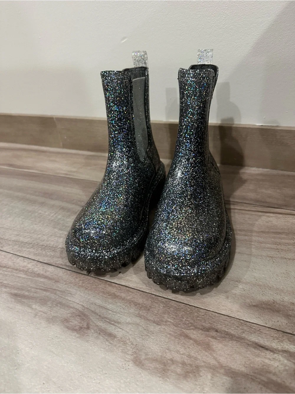Girls Glitter Chelsea Rain Boots - Black Sparkle